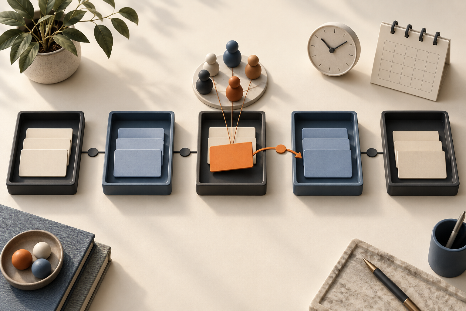 Этапы B2B-воронки с карточками сделок, участниками решения и обозначенным следующим шагом